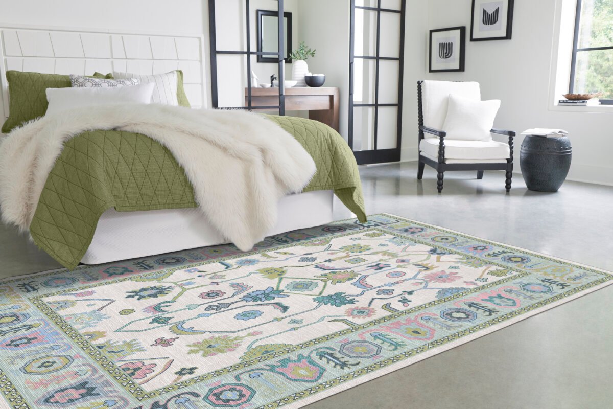 Oushak Cream-Green Machine Carpet - Görsel 2