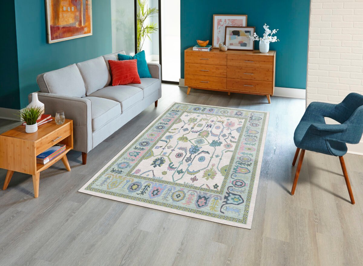 Oushak Cream-Green Machine Carpet - Görsel 5