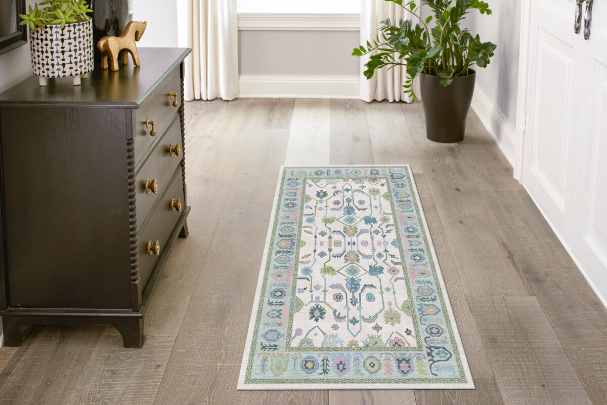Oushak Cream-Green Machine Carpet - Görsel 3