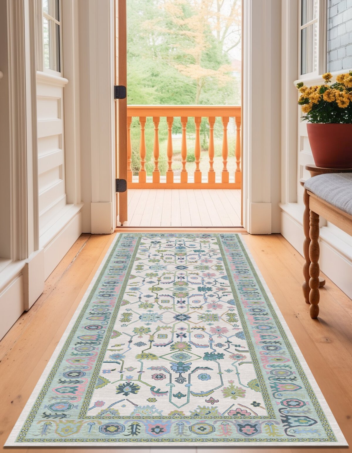 Oushak Cream-Green Machine Carpet - Görsel 4