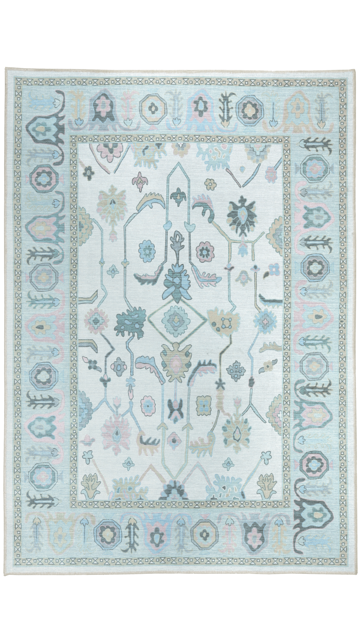 Oushak Cream-Green Machine Carpet