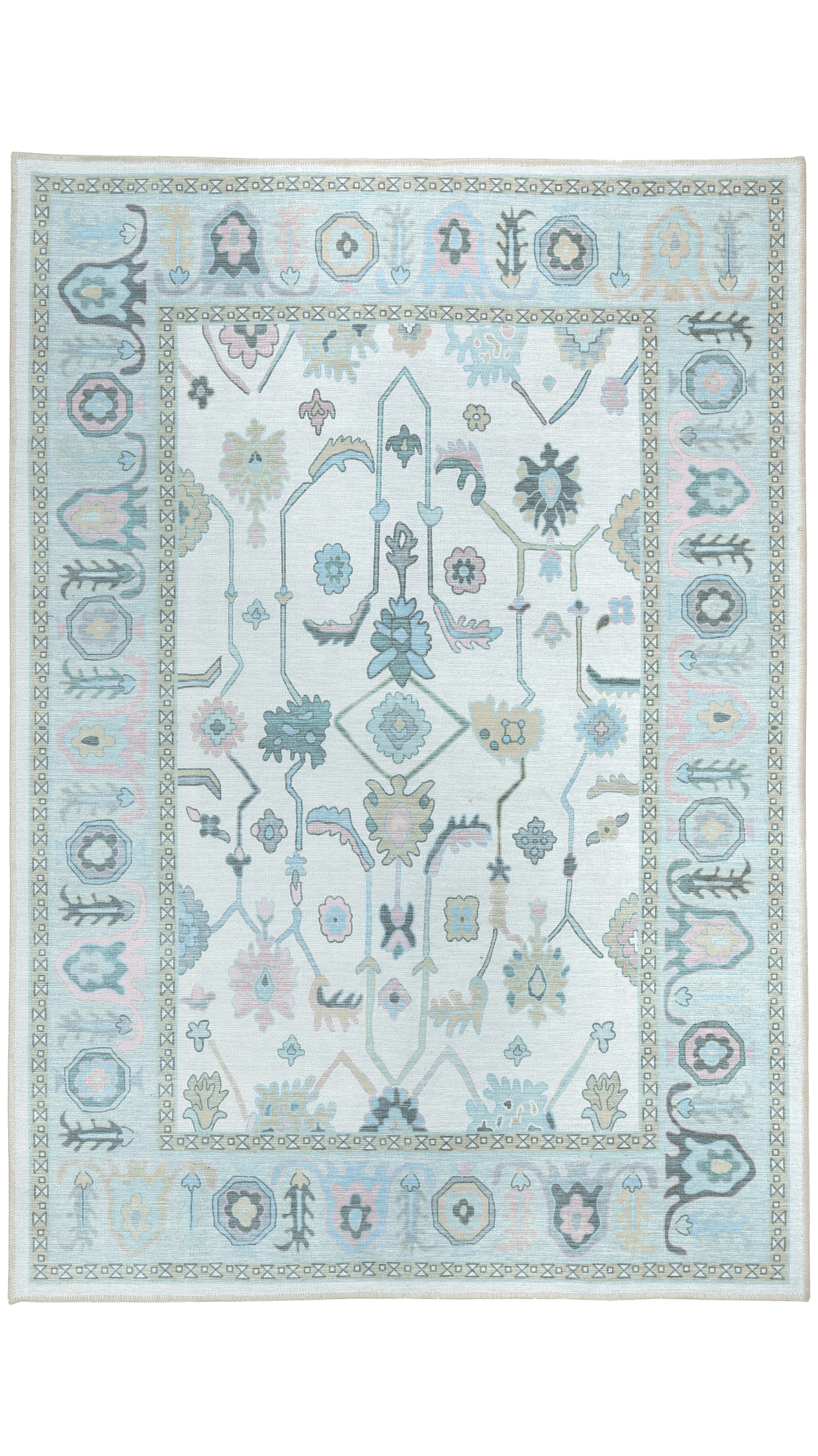 Oushak Cream-Green Machine Carpet