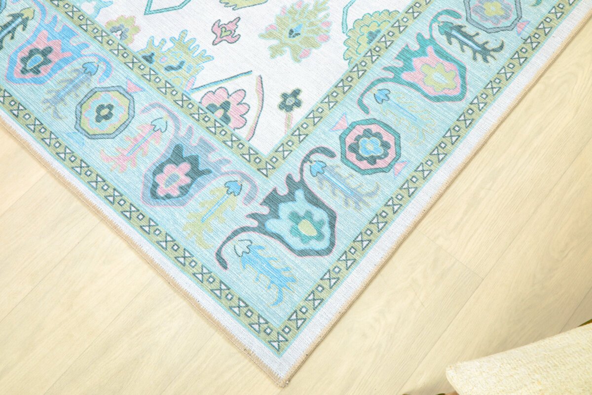 Oushak Cream-Green Machine Carpet - Görsel 8