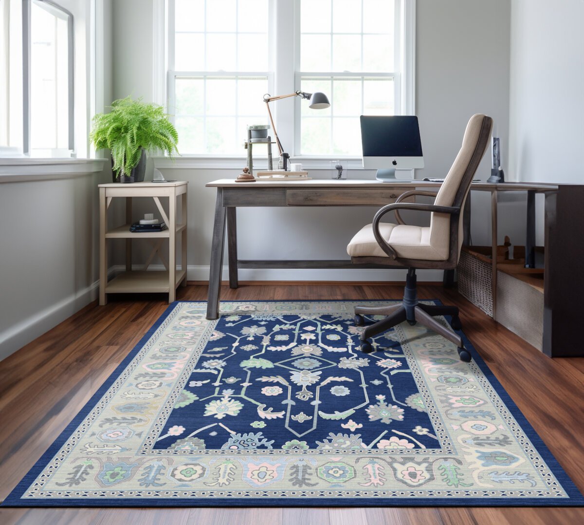 Navy-Green Oushak Rug,Turkish Floral Pastel - Görsel 2