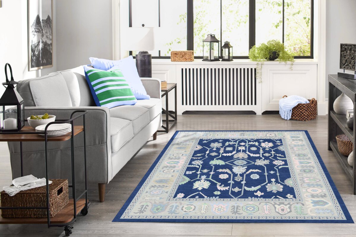 Navy-Green Oushak Rug,Turkish Floral Pastel - Görsel 4