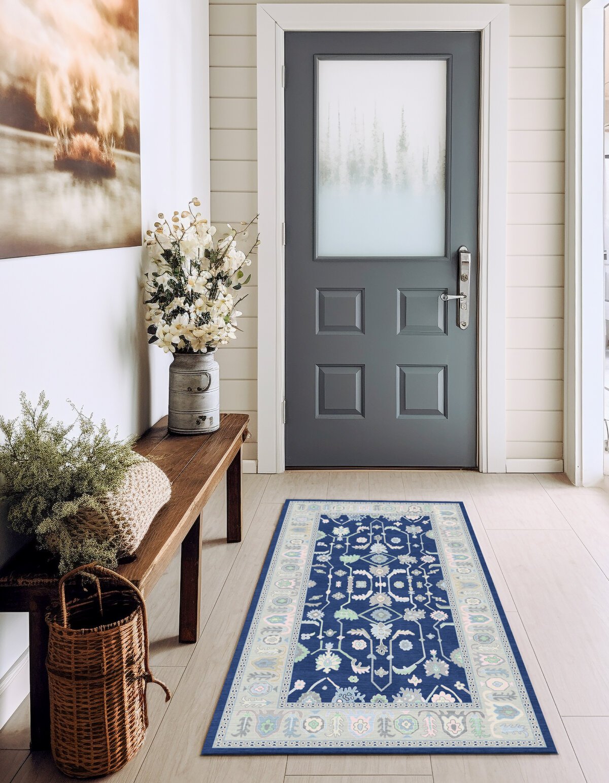 Navy-Green Oushak Rug,Turkish Floral Pastel - Görsel 3