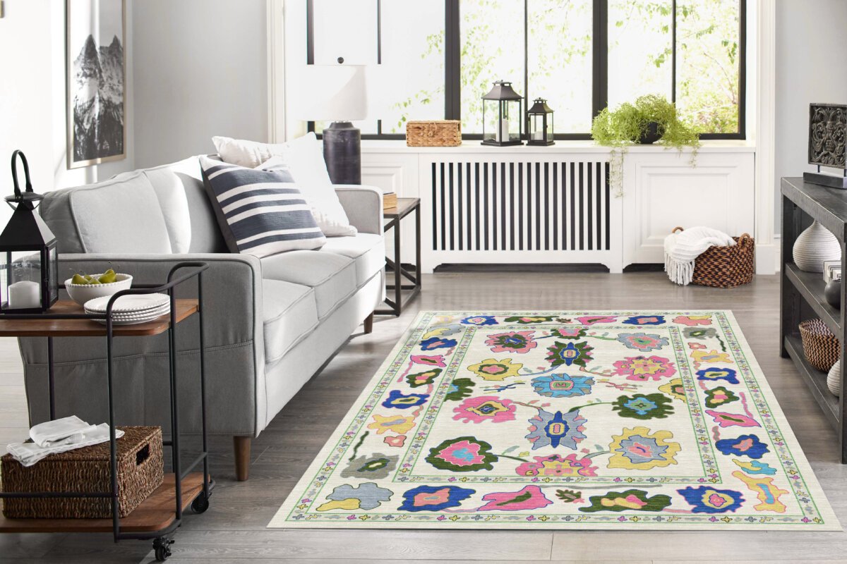 Cream Green Oushak Rug, Colorful Turkish Rug - Görsel 2