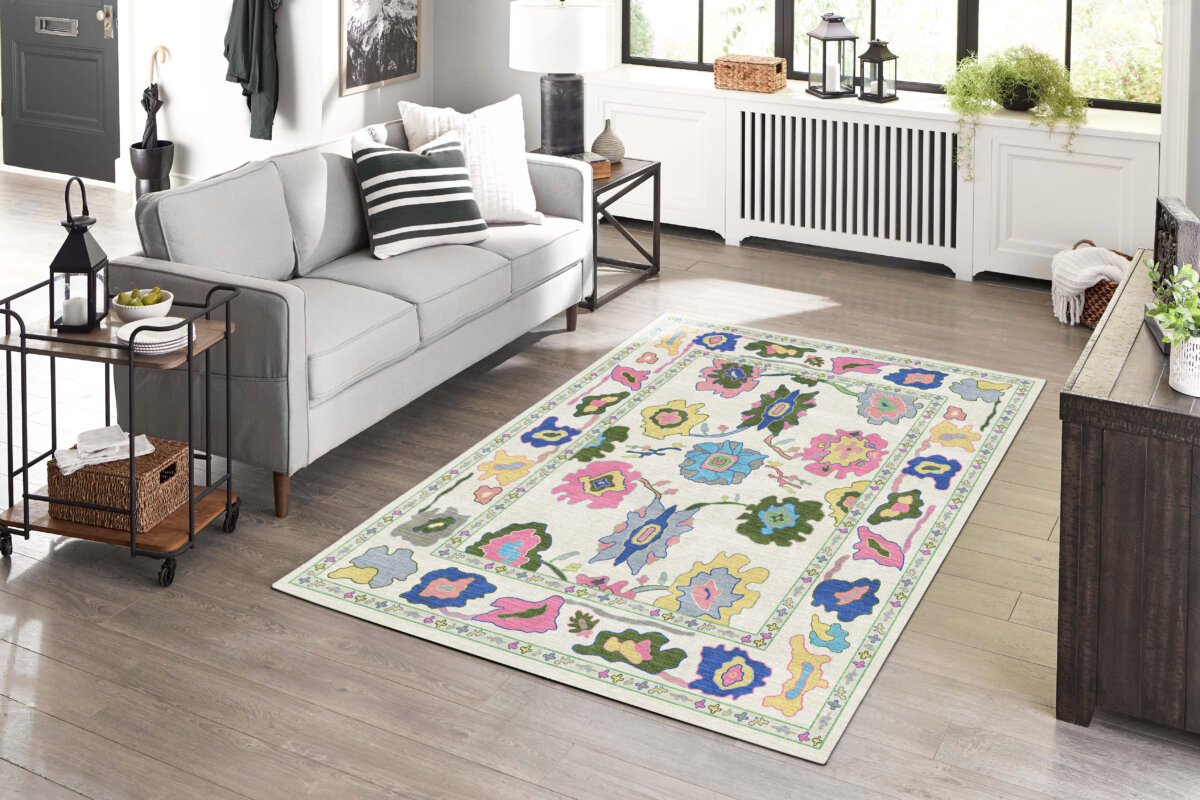 Cream Green Oushak Rug, Colorful Turkish Rug - Görsel 4