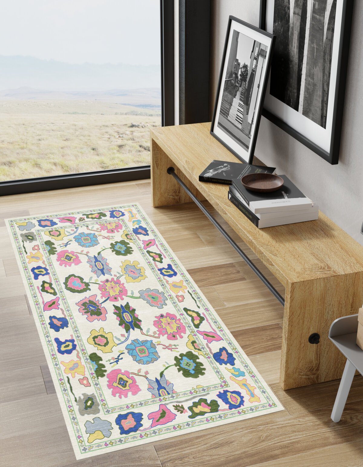 Cream Green Oushak Rug, Colorful Turkish Rug - Görsel 3