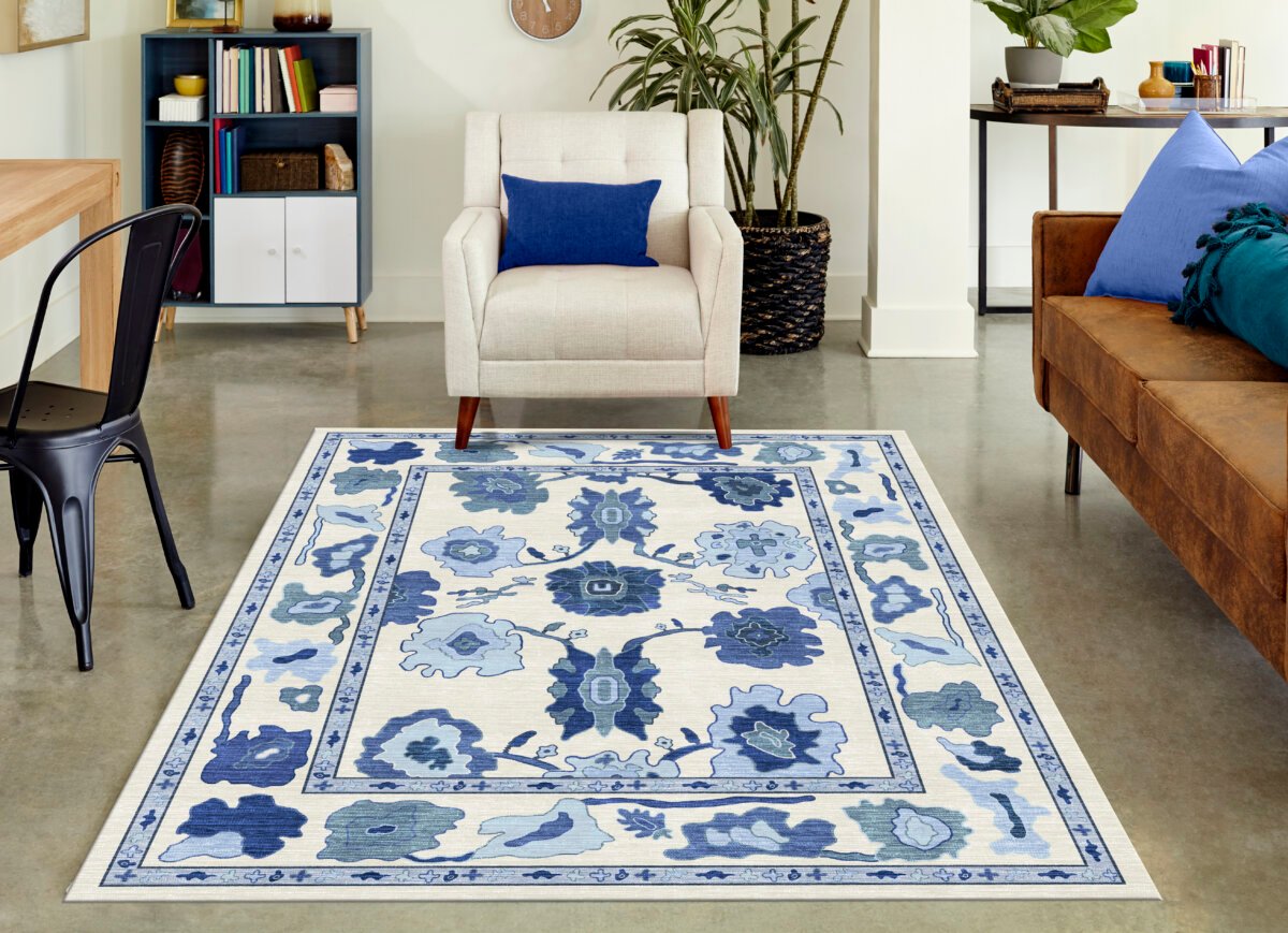 Cream Navy Oushak Rug, Turkish Floral Pastel Area Rugs - Görsel 3