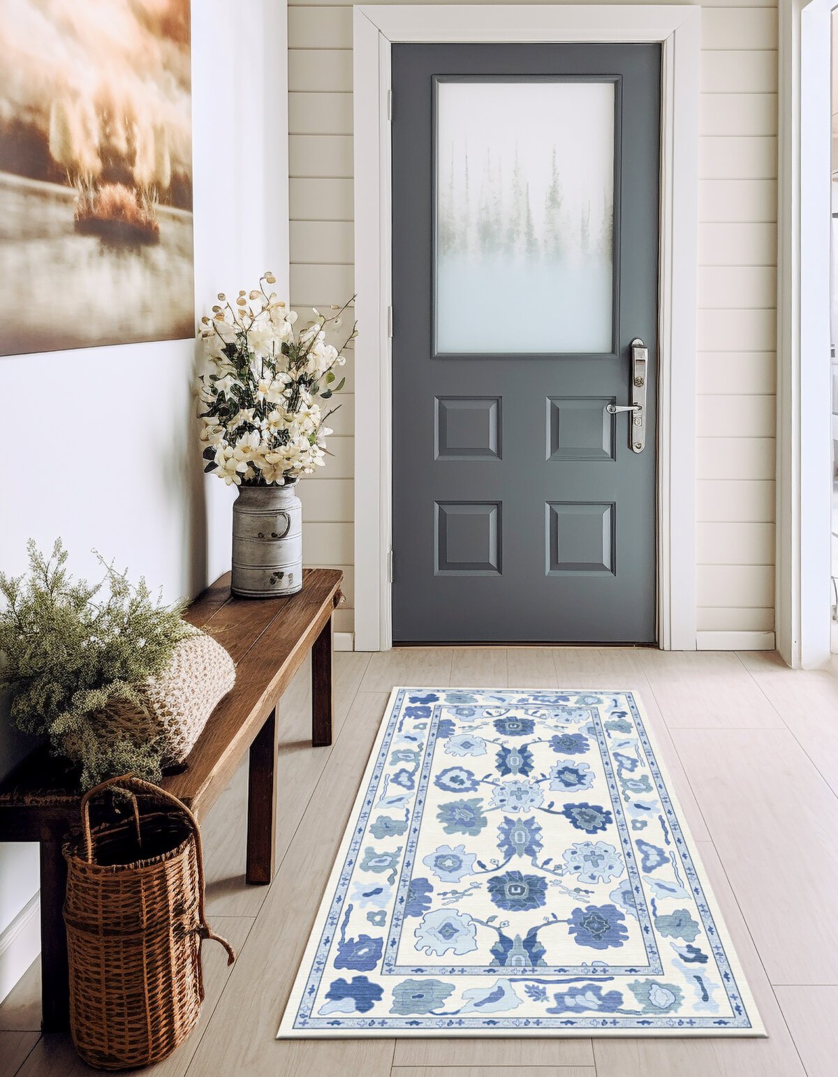 Cream Navy Oushak Rug, Turkish Floral Pastel Area Rugs - Görsel 2