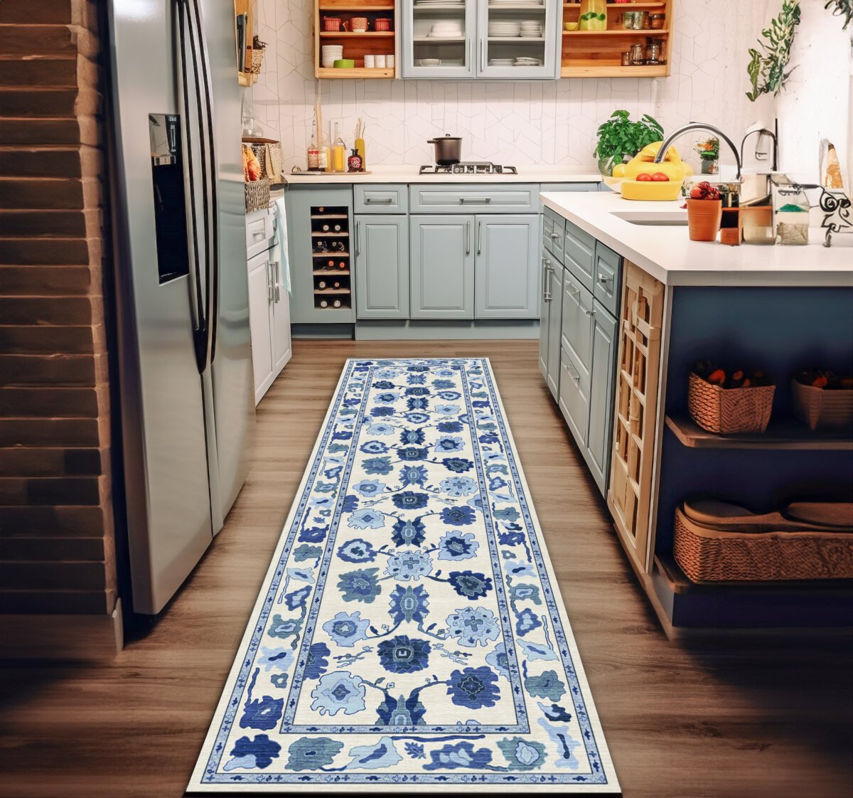 Cream Navy Oushak Rug, Turkish Floral Pastel Area Rugs - Görsel 4