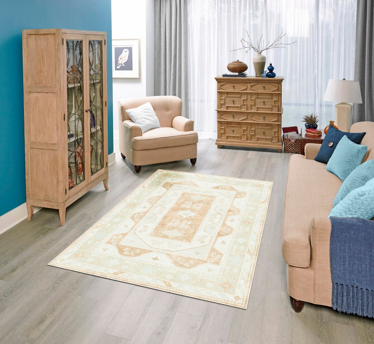 Green Terra Oushak Rug, Boho Beige Modern Turkish Rug - Görsel 3