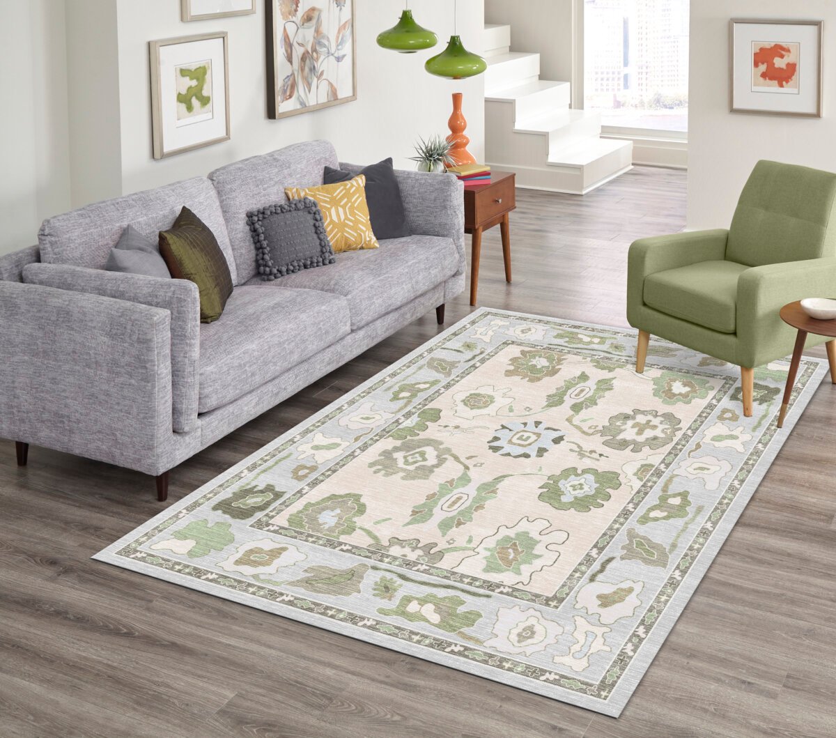 Cream Grey Oushak Rug, Shades of Grey, Luxury Living room - Görsel 6