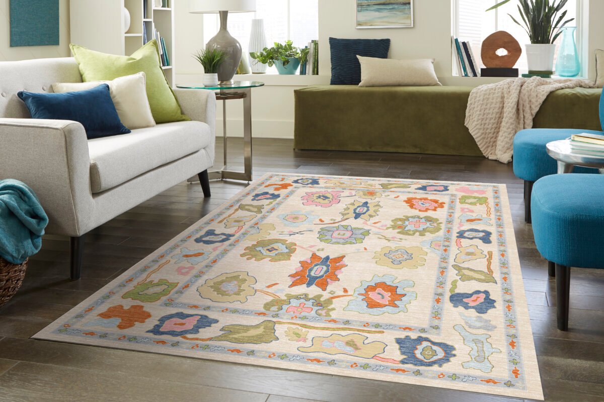Cream Multi Oushak Rug, Turkish Eclectic Floral Pastel Rug - Görsel 3