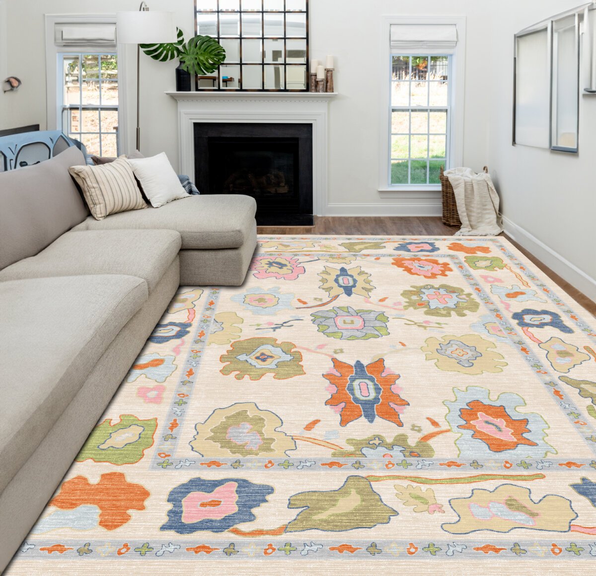 Cream Multi Oushak Rug, Turkish Eclectic Floral Pastel Rug - Görsel 5