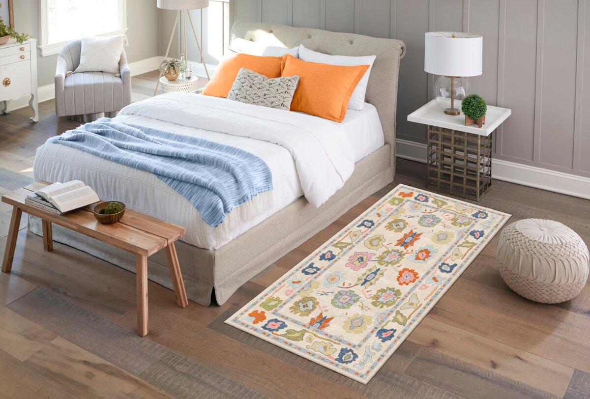 Cream Multi Oushak Rug, Turkish Eclectic Floral Pastel Rug - Görsel 2