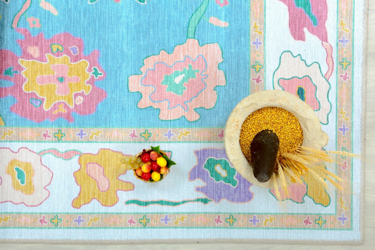 Cream Blue Oushak Rug, Area Rugs for Home Living - Görsel 7