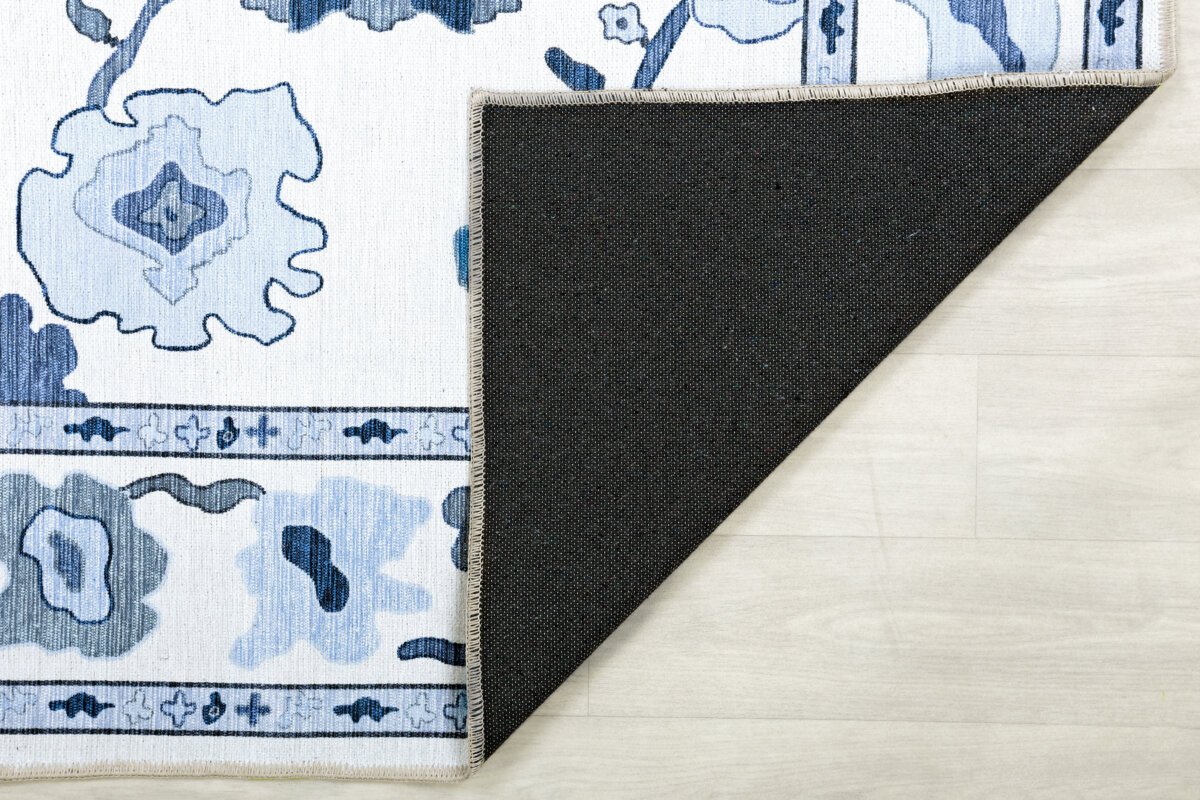Cream Navy Oushak Rug, Turkish Floral Pastel Area Rugs - Görsel 9