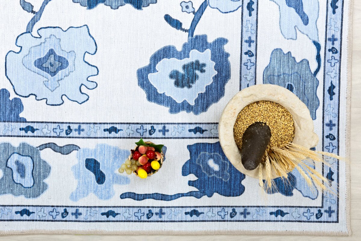 Cream Navy Oushak Rug, Turkish Floral Pastel Area Rugs - Görsel 5