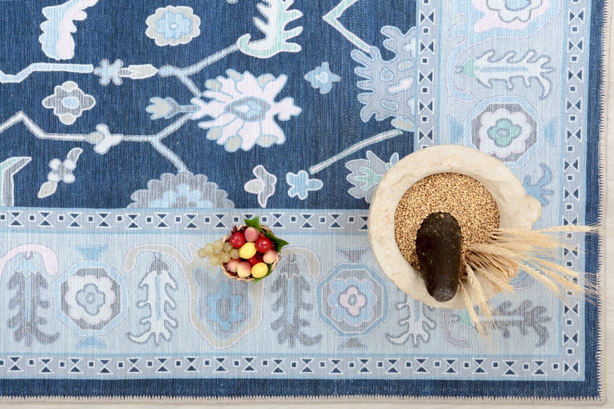 Navy-Green Oushak Rug,Turkish Floral Pastel - Görsel 5