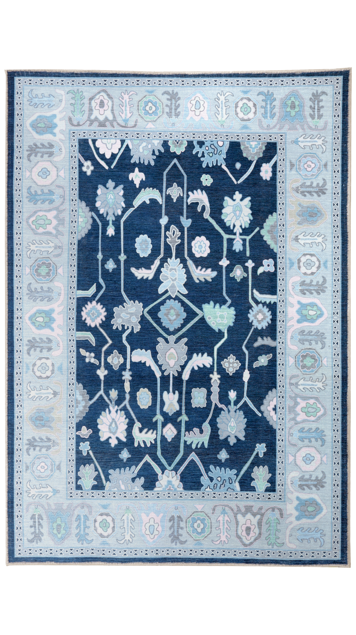 Navy-Green Oushak Rug,Turkish Floral Pastel