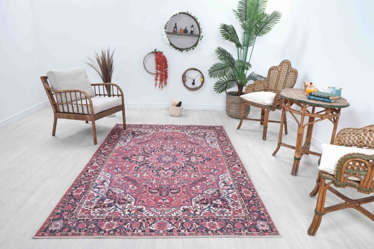 Red Red Oushak Rug,Patterned Turkish Oriental Rug - Görsel 2
