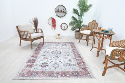 Cream Red Oushak Rug, Vintage Turkish Modern Rug - Görsel 8