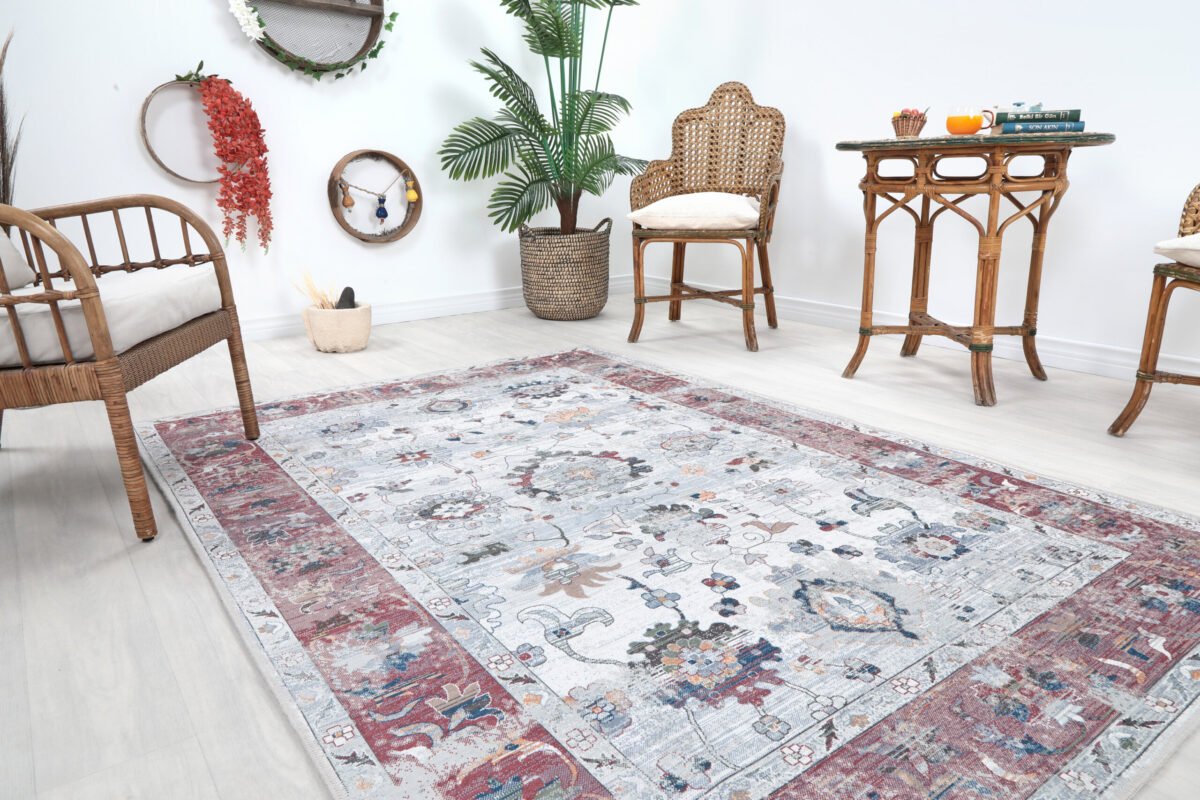 Cream Red Oushak Rug, Vintage Turkish Modern Rug - Görsel 2