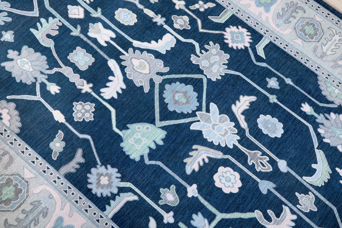 Navy-Green Oushak Rug,Turkish Floral Pastel - Görsel 6