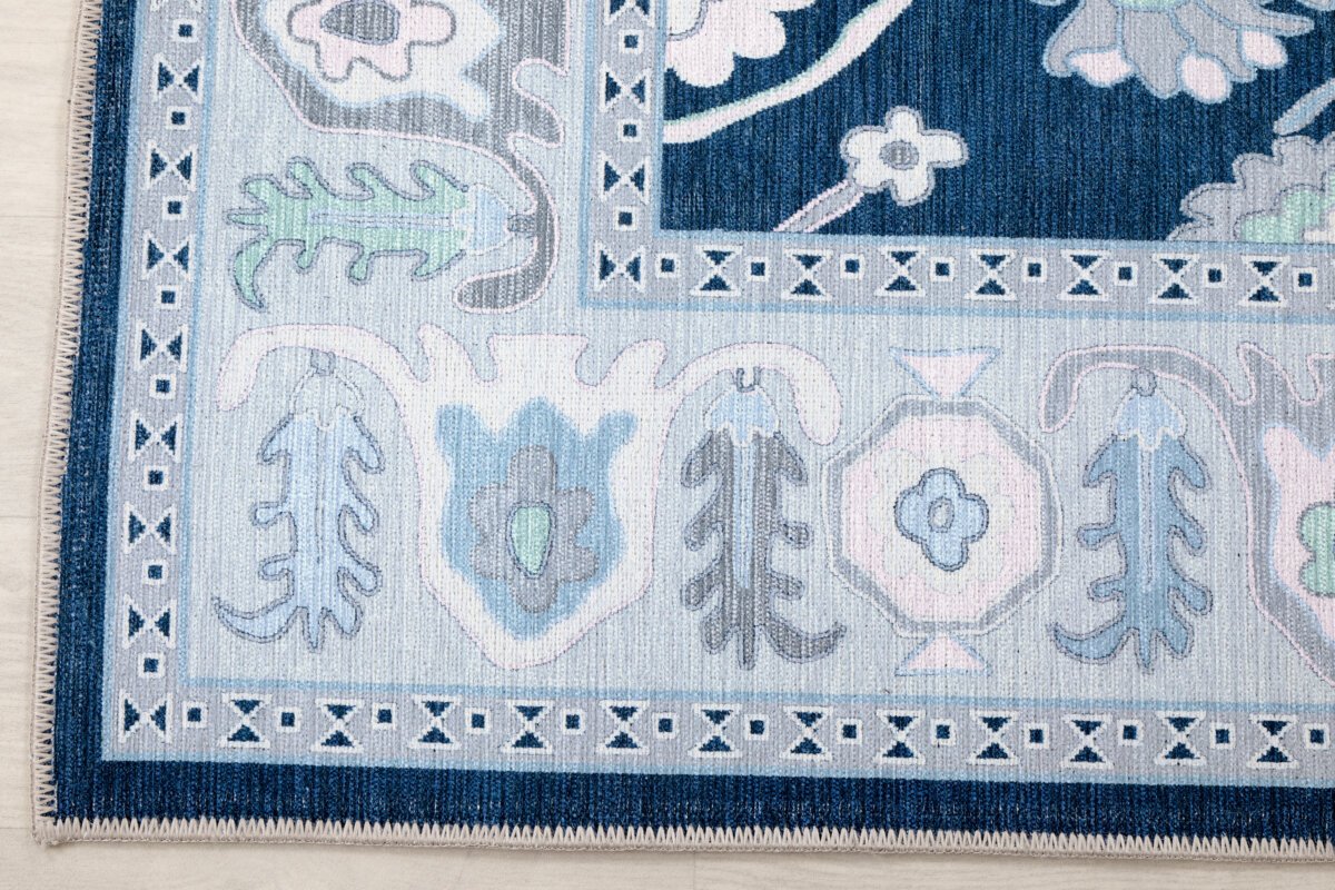 Navy-Green Oushak Rug,Turkish Floral Pastel - Görsel 7