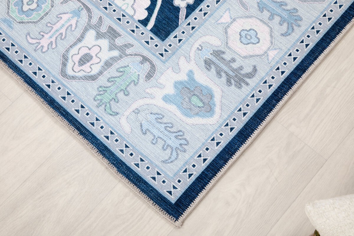 Navy-Green Oushak Rug,Turkish Floral Pastel - Görsel 8