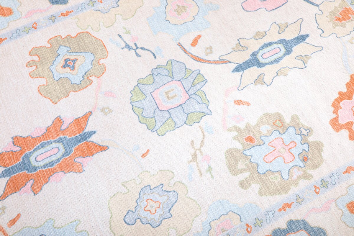 Cream Multi Oushak Rug, Turkish Eclectic Floral Pastel Rug - Görsel 8