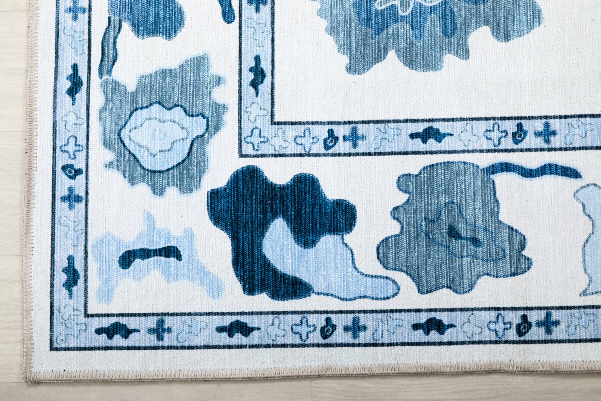 Cream Navy Oushak Rug, Turkish Floral Pastel Area Rugs - Görsel 7