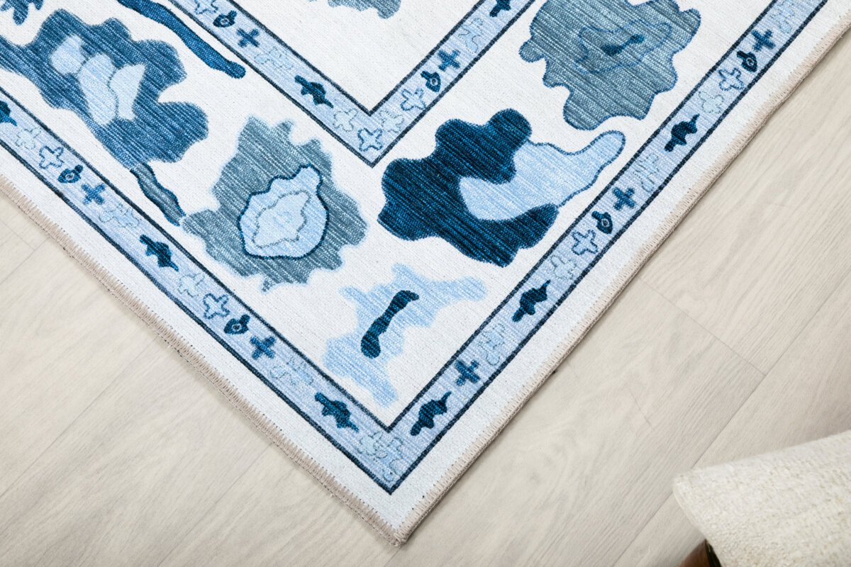 Cream Navy Oushak Rug, Turkish Floral Pastel Area Rugs - Görsel 8