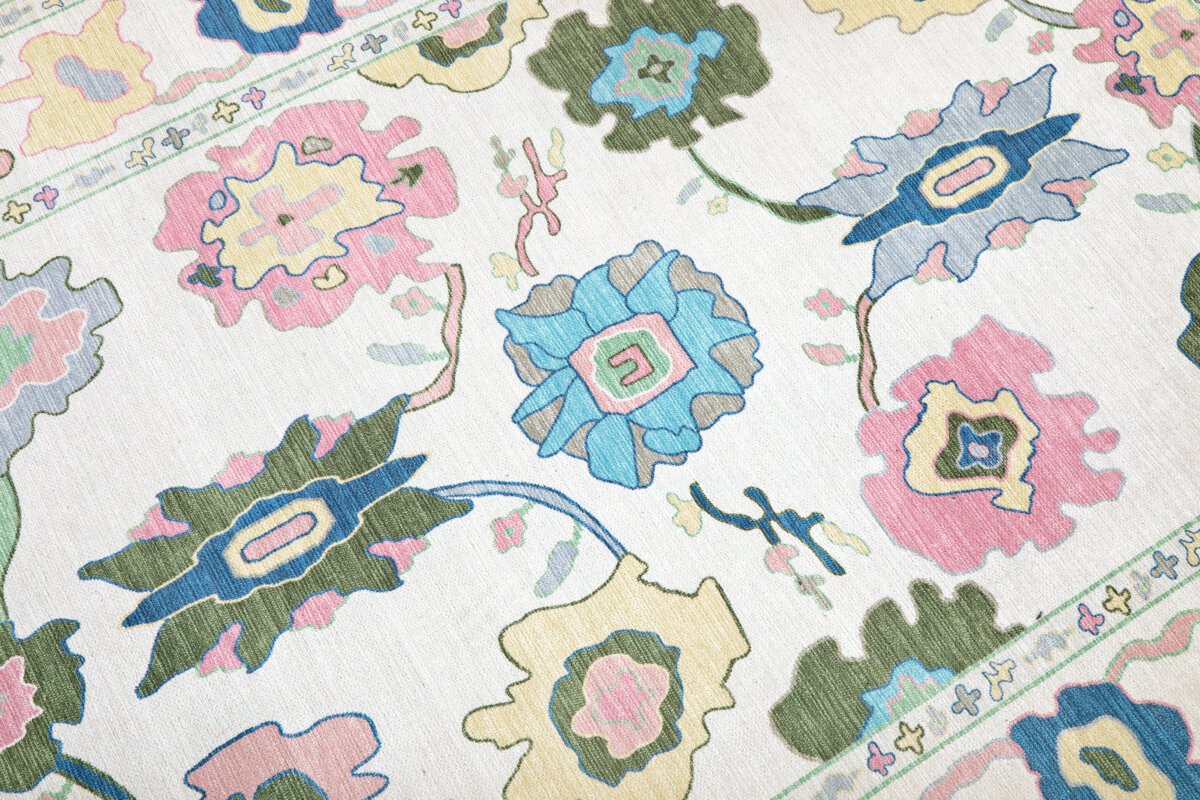 Cream Green Oushak Rug, Colorful Turkish Rug - Görsel 6