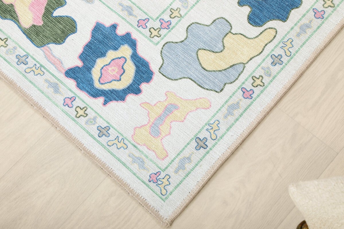 Cream Green Oushak Rug, Colorful Turkish Rug - Görsel 8