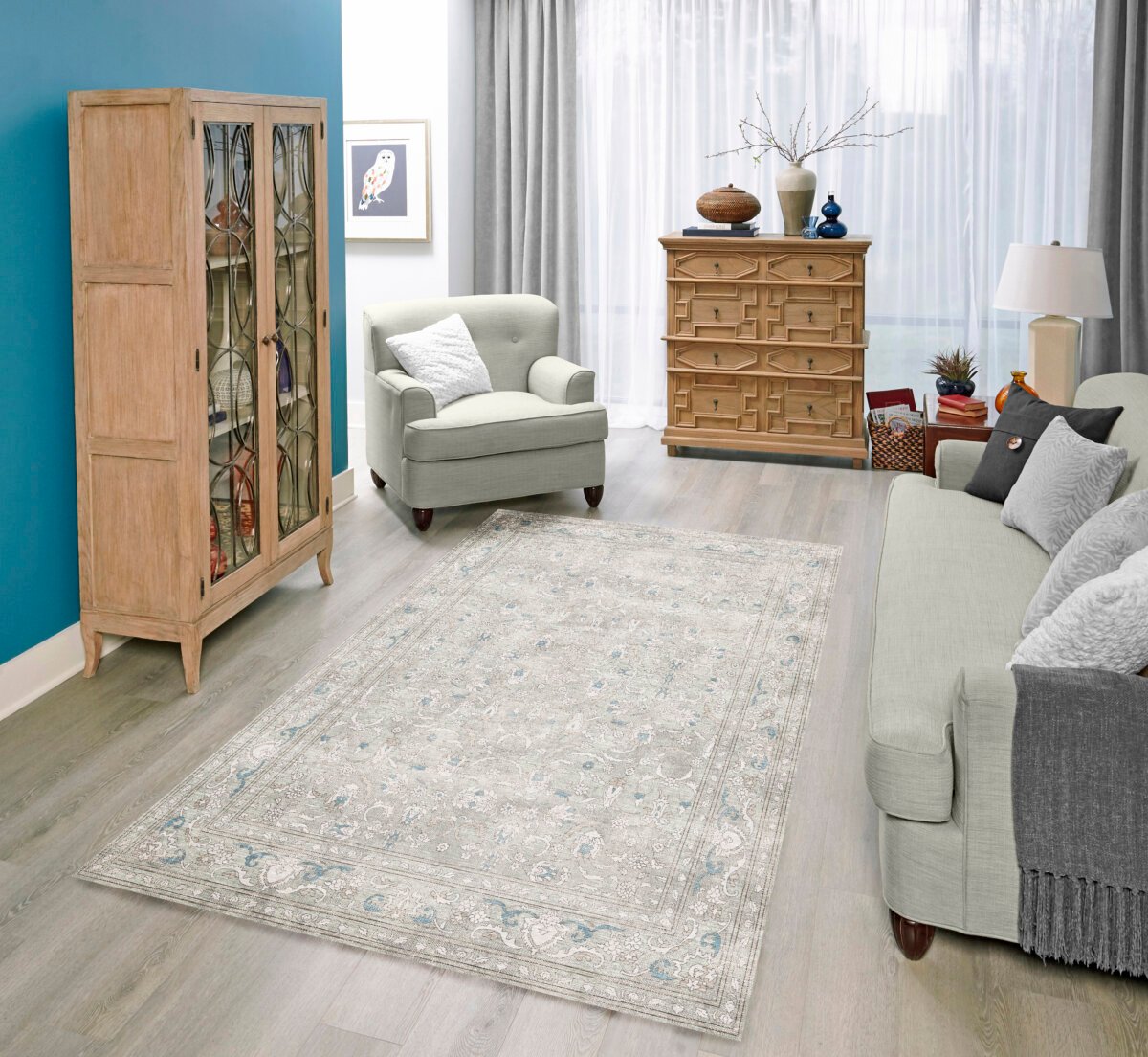 Gray Blue Oushak Rug, Pastel Turkish Geometric Blue Navy Rug - Görsel 2