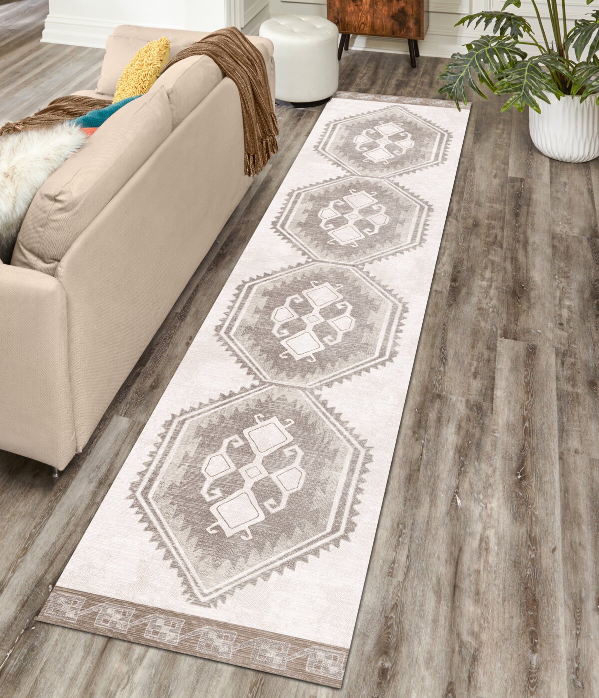 Cream Brown Oushak Runner, Turkish Muted Cream Runner - Görsel 2