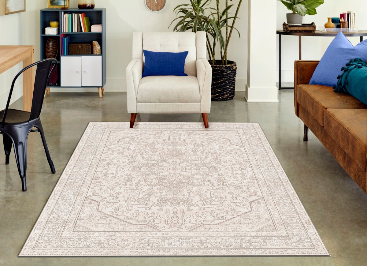 Cream Vizon Oushak Rug, Pastel Vintage Geometric Oversized Rugs - Görsel 3