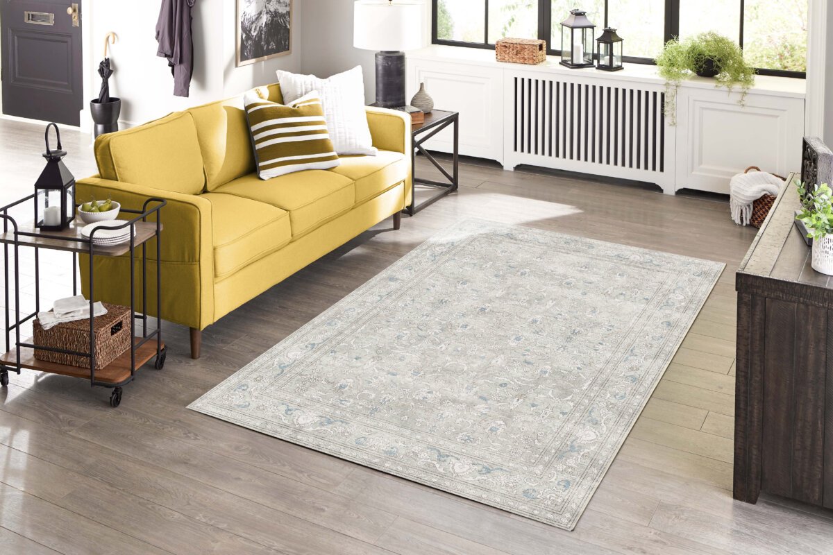 Gray Blue Oushak Rug, Pastel Turkish Geometric Blue Navy Rug - Görsel 3