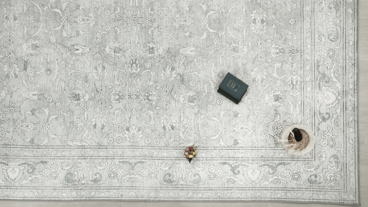 Gray Blue Oushak Rug, Pastel Turkish Geometric Blue Navy Rug - Görsel 4
