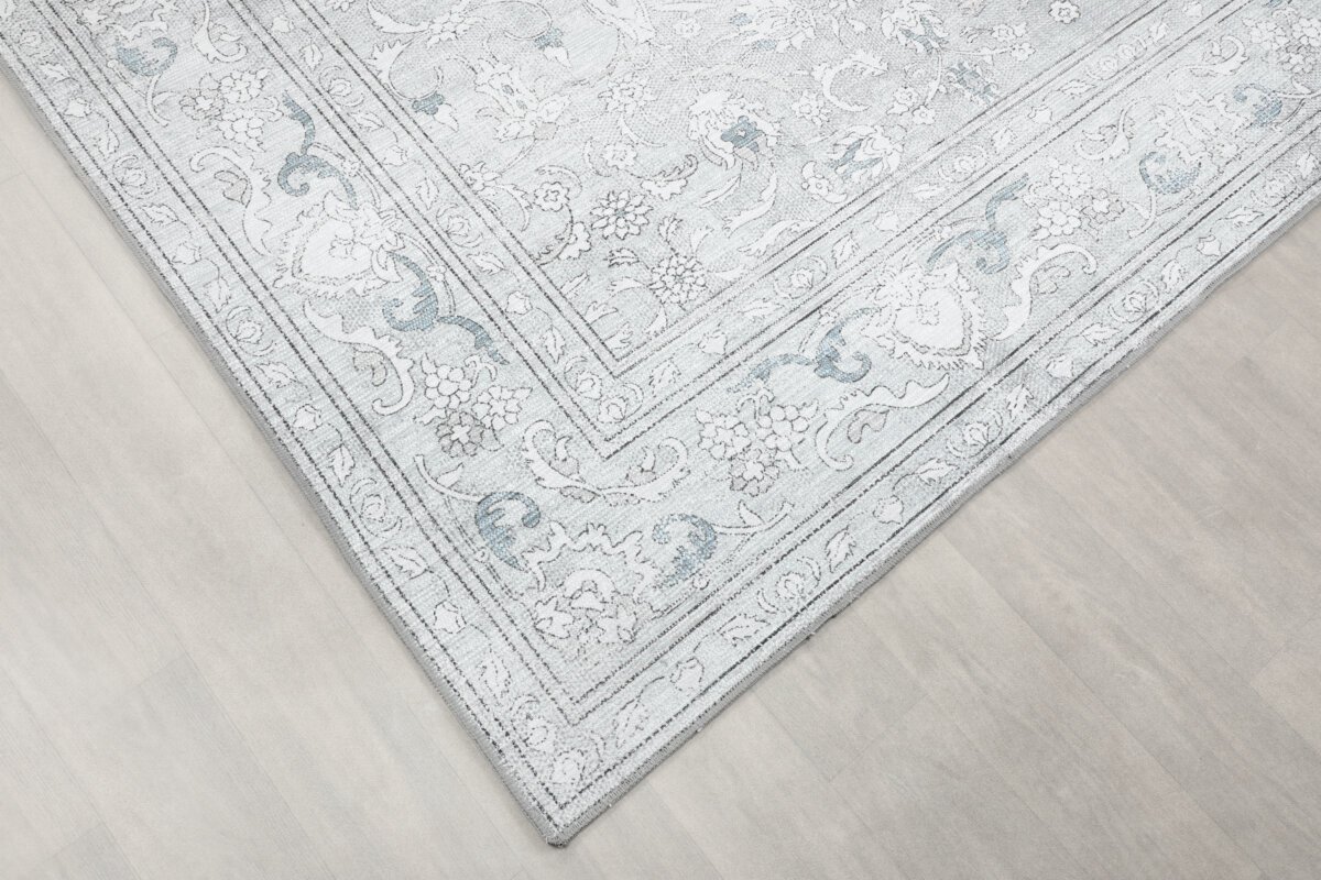 Gray Blue Oushak Rug, Pastel Turkish Geometric Blue Navy Rug - Görsel 7