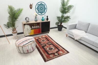 3x6 Red Black Turkish Rug, 3x6 Oushak Area Rug, 3x6 Vintage Rug, Low Pile Rug, Kitchen Rug, 3x6 Bedroom Rug, Home Decor, Geometric Wool Rug - Görsel 3