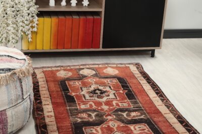 3x6 Red Black Turkish Rug, 3x6 Oushak Area Rug, 3x6 Vintage Rug, Low Pile Rug, Kitchen Rug, 3x6 Bedroom Rug, Home Decor, Geometric Wool Rug - Görsel 4