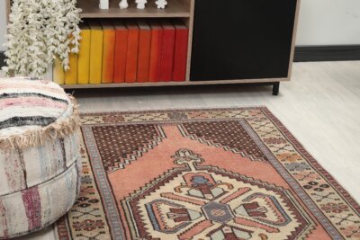 4x6 Brown Blue Turkish Rug, 4x6 Handwoven Wool Rug, 4x6 Oushak Rug, Handmade Rug, Living Room Rug, Vintage Rug, Kitchen Rug, Dining Room Rug - Görsel 4