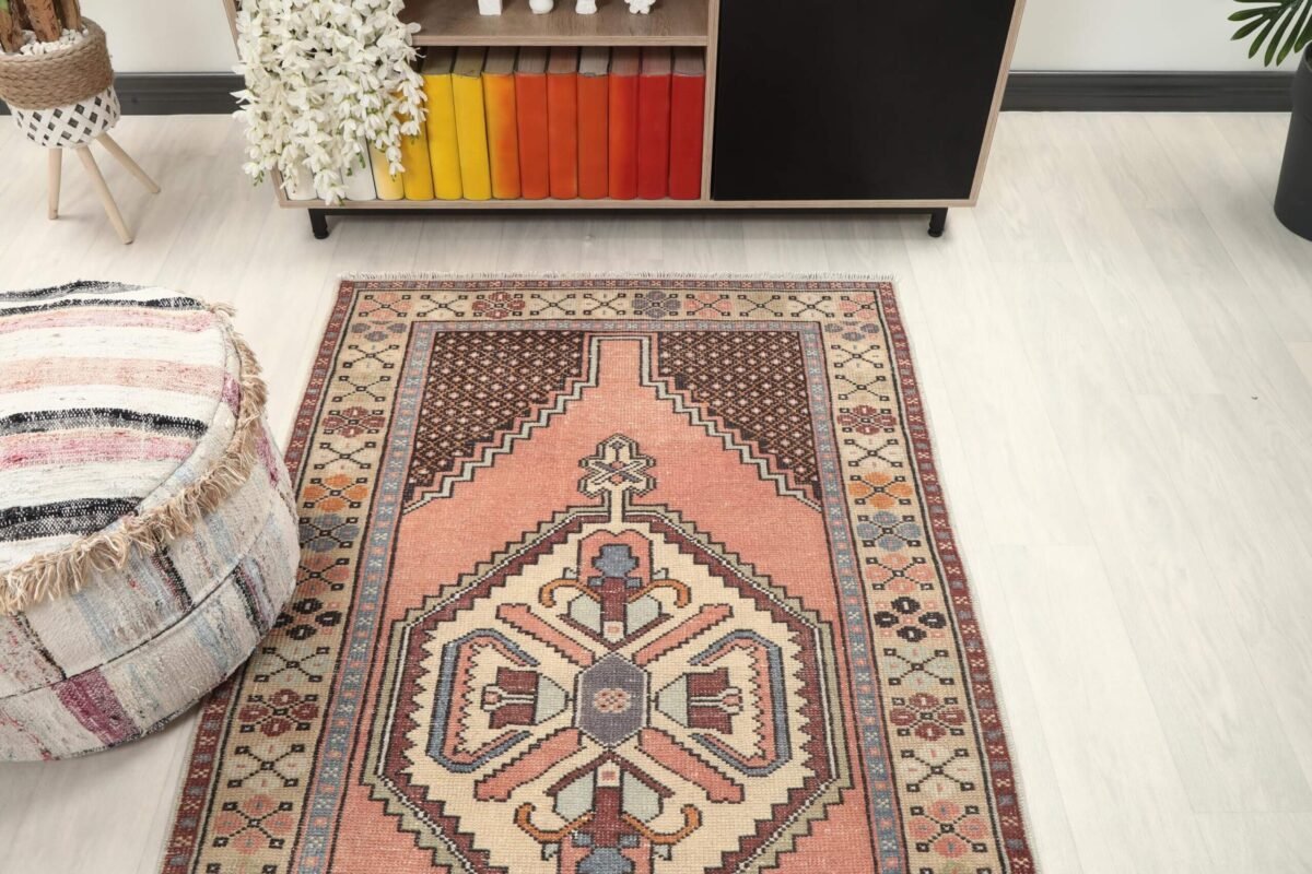 4x6 Brown Blue Turkish Rug, 4x6 Handwoven Wool Rug, 4x6 Oushak Rug, Handmade Rug, Living Room Rug, Vintage Rug, Kitchen Rug, Dining Room Rug - Görsel 6