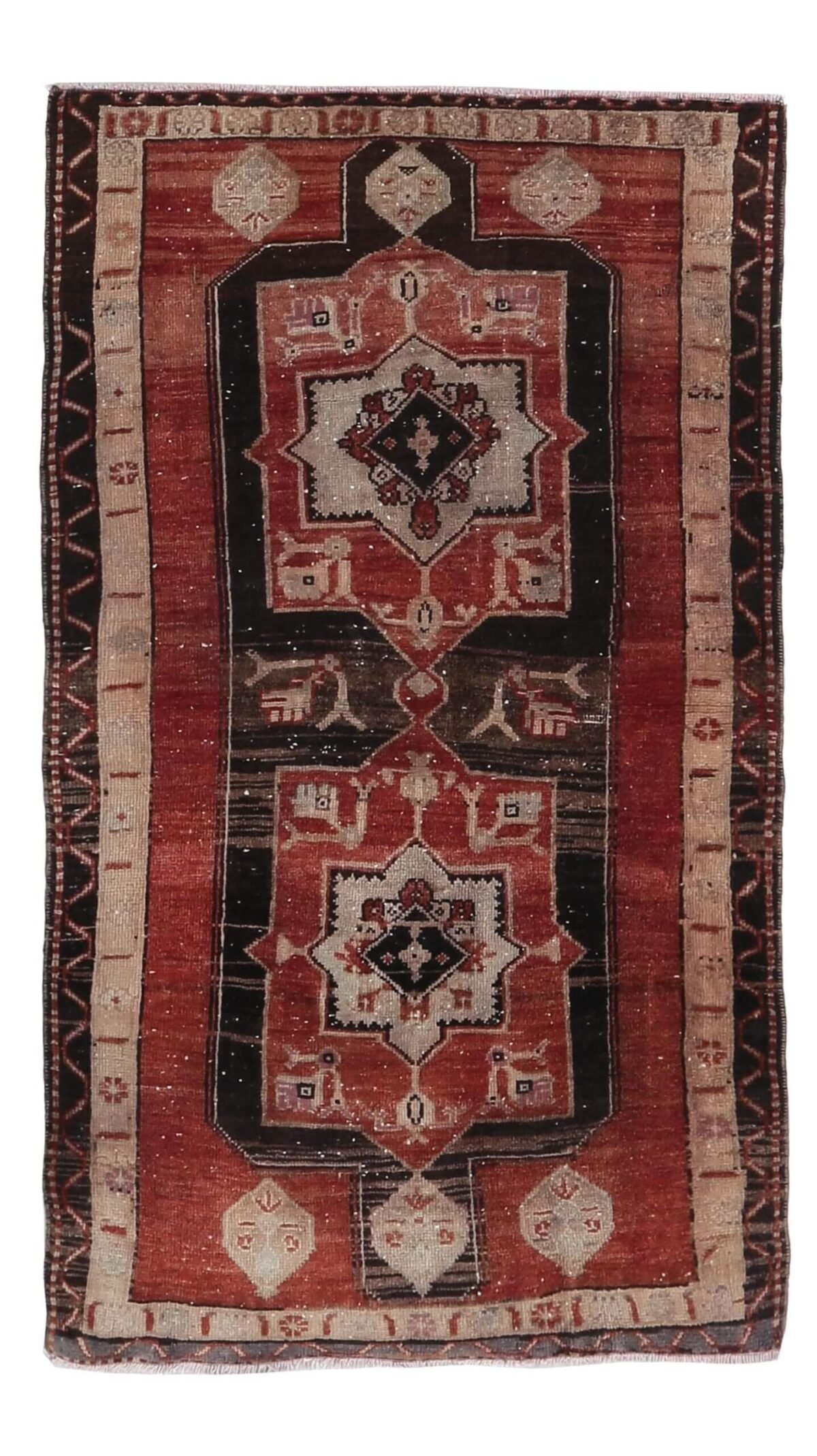 3x6 Red Black Turkish Rug, 3x6 Oushak Area Rug, 3x6 Vintage Rug, Low Pile Rug, Kitchen Rug, 3x6 Bedroom Rug, Home Decor, Geometric Wool Rug