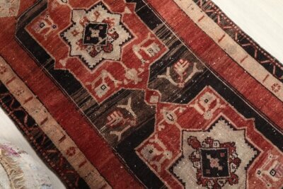 3x6 Red Black Turkish Rug, 3x6 Oushak Area Rug, 3x6 Vintage Rug, Low Pile Rug, Kitchen Rug, 3x6 Bedroom Rug, Home Decor, Geometric Wool Rug - Görsel 5