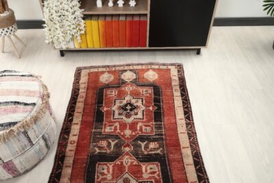 3x6 Red Black Turkish Rug, 3x6 Oushak Area Rug, 3x6 Vintage Rug, Low Pile Rug, Kitchen Rug, 3x6 Bedroom Rug, Home Decor, Geometric Wool Rug - Görsel 7